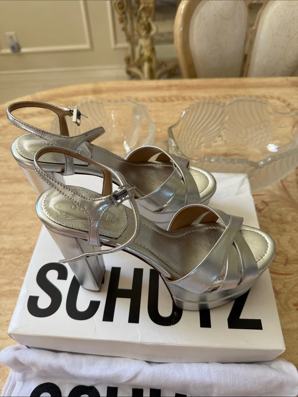 SCHUTZ Metallic Silver Platform Block Heel Sandals